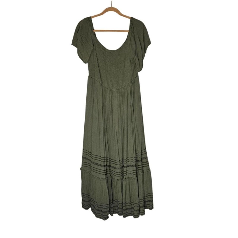 Lane Bryant Maxi Flowing Dress Olive 14/16 Off the Shoulder Prairie Sun Cottage